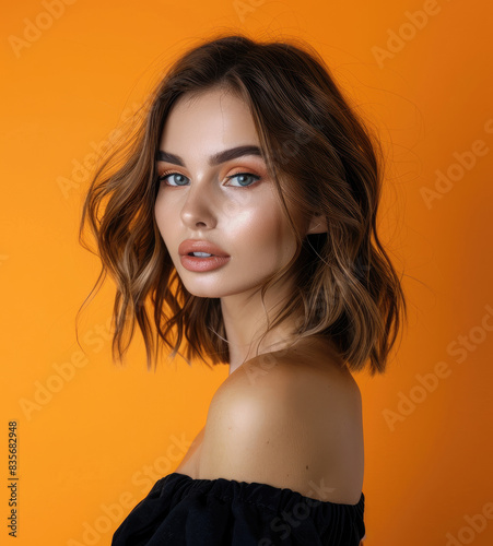 A beautiful woman with medium length curly hair, showcasing her trendy bob hairstyle. She has an elegant pose and is wearing fashionable attire against the backdrop of an orange gradient background.