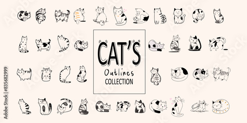 Collection of cats outline style hand drawn vector illustration set. Icon and character pet animal element.