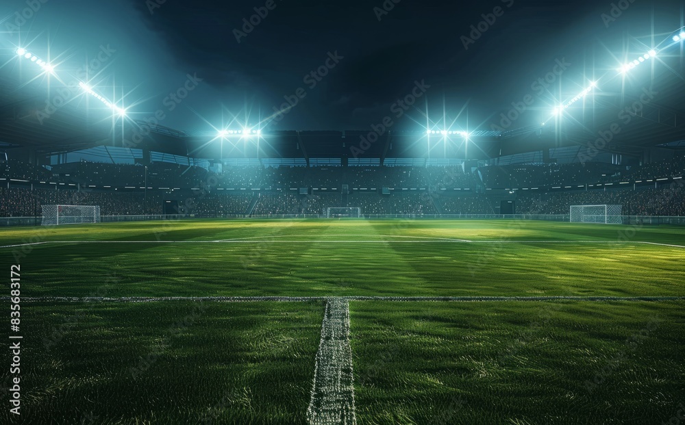The brightly lit football stadium, the empty green grass under the dark night sky. Banner or poster design with large sports background. The concept of sports competition and the style of game action The brightly lit football stadium, the empty green grass under the dark night sky. Banner or poster design with large sports background. The concept of sports competition and the style of game action