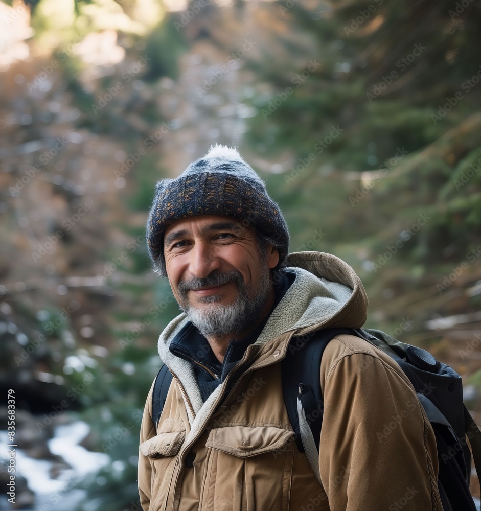 A man with a backpack and hat standing in the woods. A man with a backpack and hat standing in the woods.
