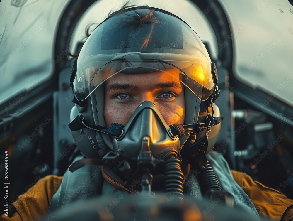 A young woman in a fighter jet looking at the camera. A young woman in a fighter jet looking at the camera.