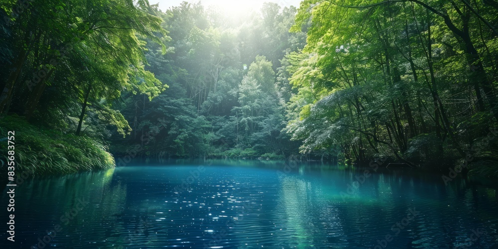 Obraz premium Calm lake nestled among trees on a sunny day. Tranquil nature scene concept.