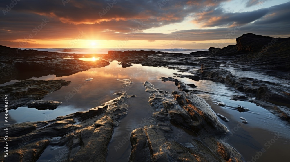 Fototapeta premium rocks mud sea waves cloudy sky vacation enjoy natural wonders.
