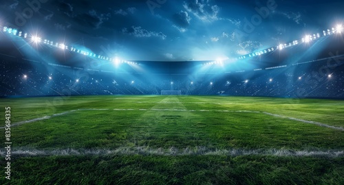 The brightly lit football stadium, the empty green grass under the dark night sky. Banner or poster design with large sports background. The concept of sports competition and the style of game action  © SHI