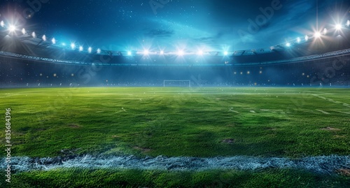 The brightly lit football stadium, the empty green grass under the dark night sky. Banner or poster design with large sports background. The concept of sports competition and the style of game action  © SHI