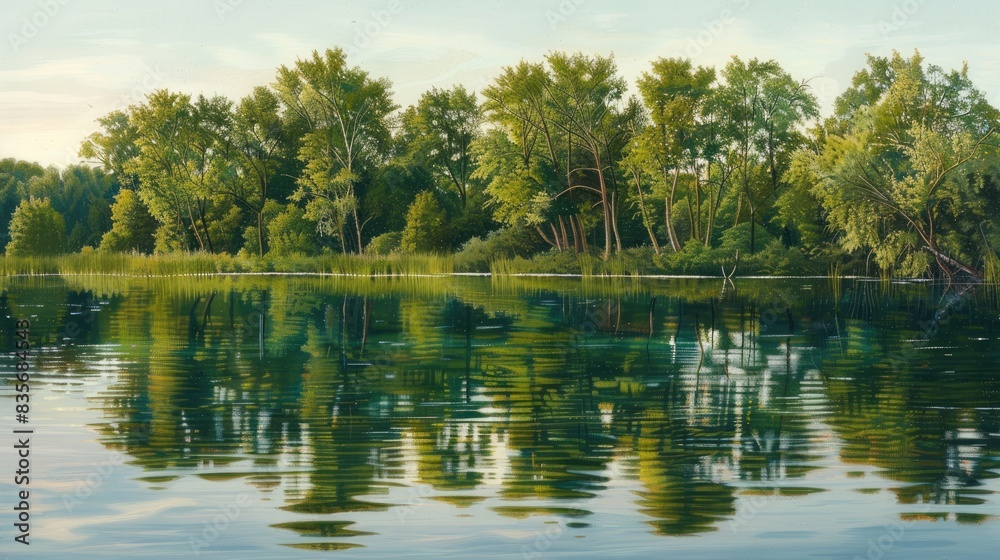 Trees reflection extends on the lake s serene surface softly glimmering in the evening sunlight of a summer day evoking peace and tranquility Trees reflection extends on the lake s serene surface softly glimmering in the evening sunlight of a summer day evoking peace and tranquility