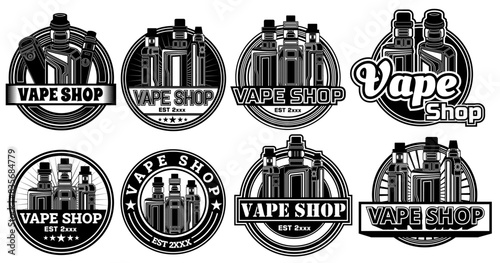 set vintage vape emblems. vape shop logo labels design illustration