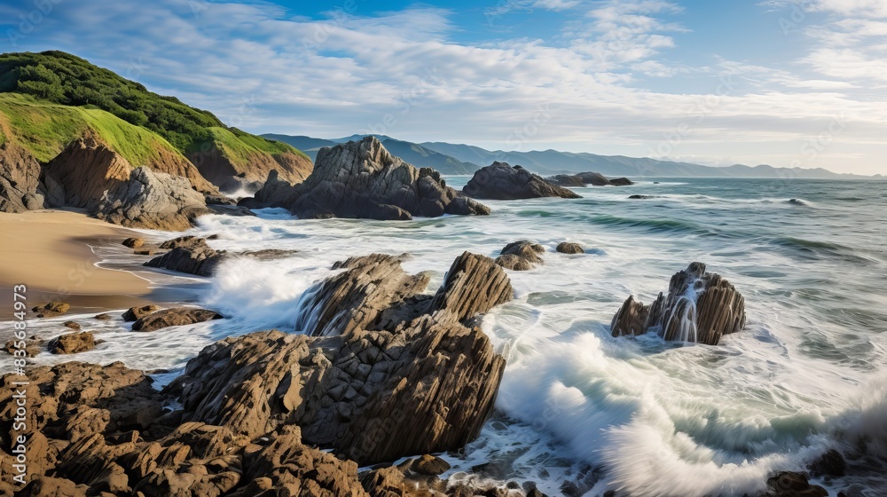 rocks mud sea waves cloudy sky  vacation enjoy natural wonders.