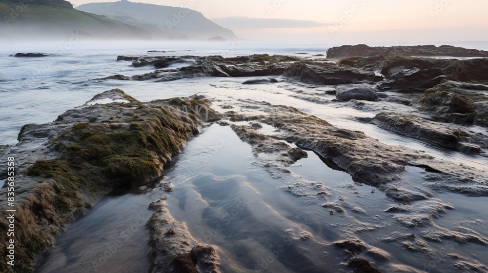 rocks mud sea waves cloudy sky  vacation enjoy natural wonders.