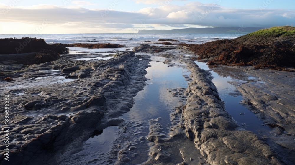 Fototapeta premium rocks mud sea waves cloudy sky vacation enjoy natural wonders.