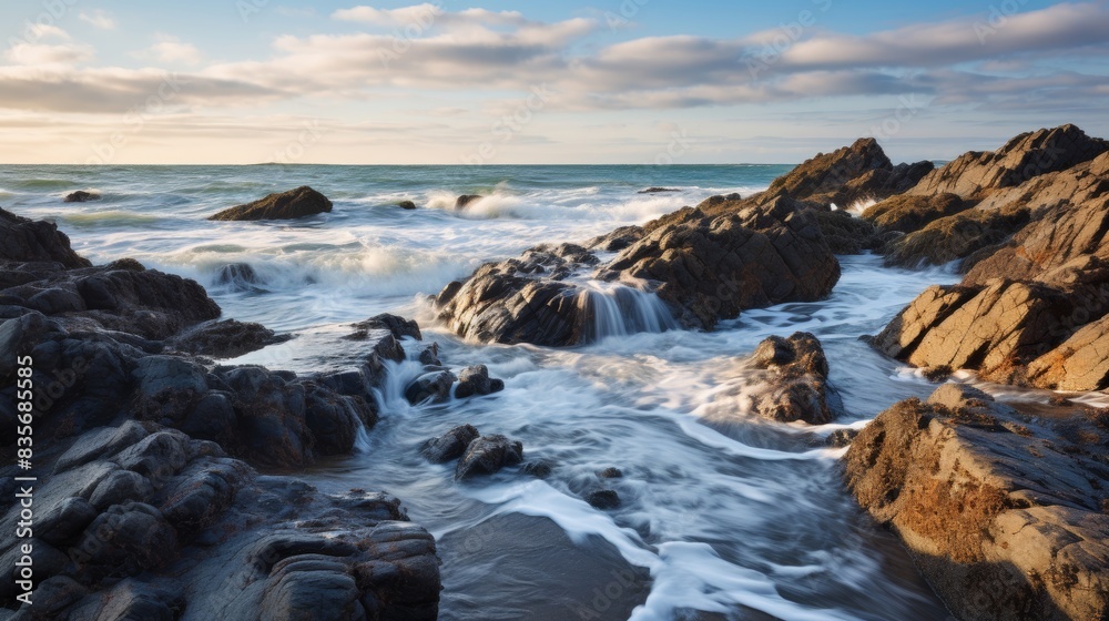 Obraz premium rocks mud sea waves cloudy sky vacation enjoy natural wonders.