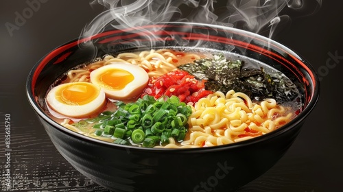 A steaming bowl of ramen with an assortment of toppings including egg, nori, and green onions photo