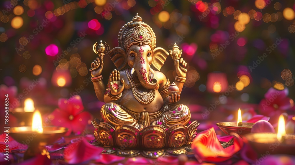 Obraz premium Photorealistic high-angle view, intricately detailed gold statue of Lord Ganesha, surrounded by festive Diwali lamps, rich and vivid colors, clean copyspace, digital rendering