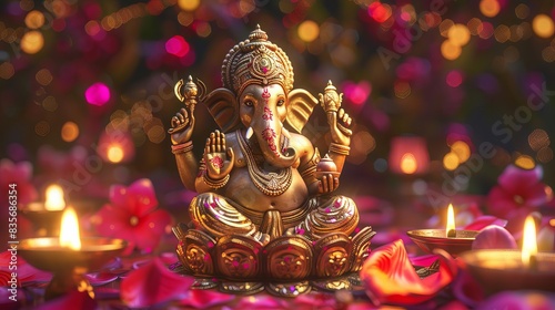 Photorealistic high-angle view, intricately detailed gold statue of Lord Ganesha, surrounded by festive Diwali lamps, rich and vivid colors, clean copyspace, digital rendering © LightoLife