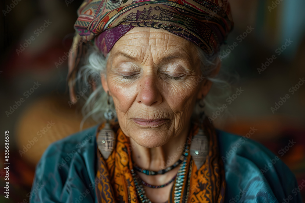 Calm old woman with closed eyes during yoga meditation. Ideal for health and wellness-related promotions or articles. Calm old woman with closed eyes during yoga meditation. Ideal for health and wellness-related promotions or articles.