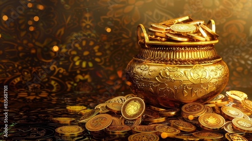 Side view of a golden pot overflowing with gold coins photo