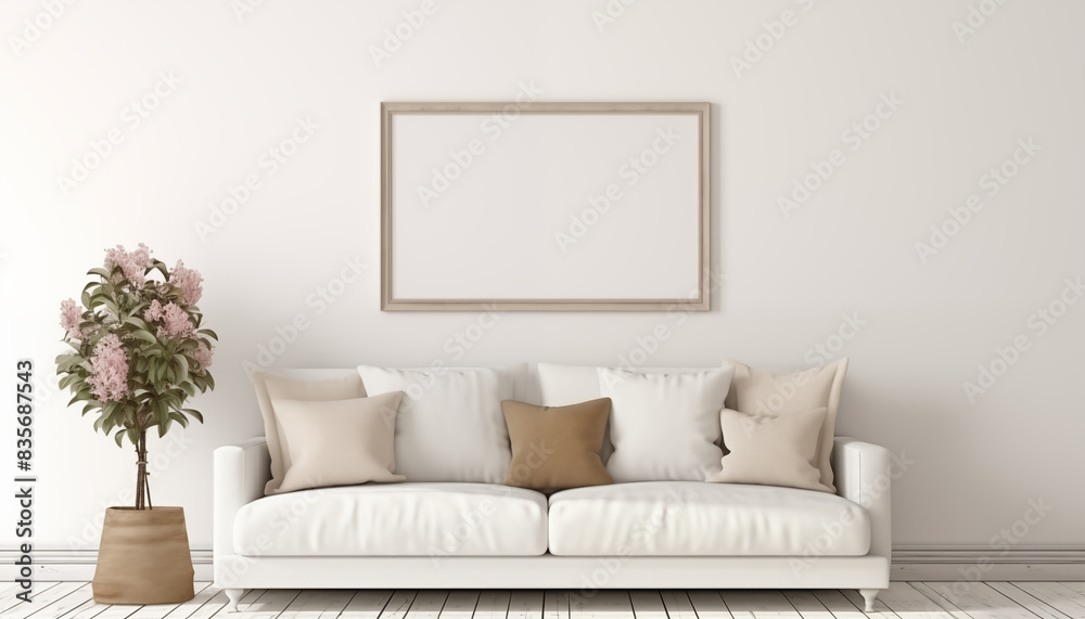Bright living room interior with white sofa and pink flowers in vase Bright living room interior with white sofa and pink flowers in vase