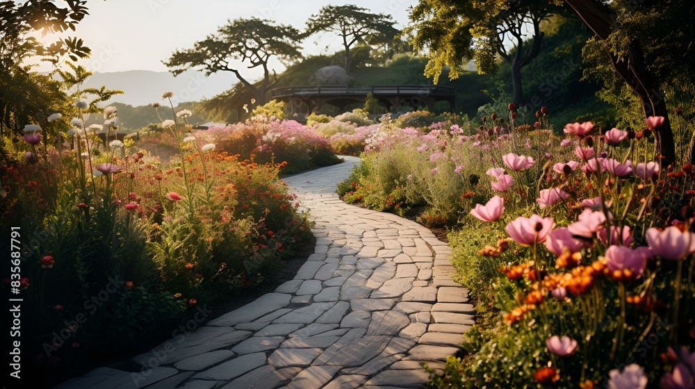 A stone path winding through a vibrant garden filled with colorful flowers. A stone path winding through a vibrant garden filled with colorful flowers.