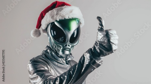 Person in silver outfit and green alien mask sporting a Santa hat and giving a thumbs up gesture against a white backdrop photo