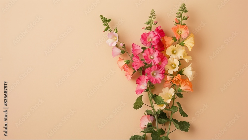 arranged flower bouquet of hollyhocks flower wrapped in floral paper copy space for text