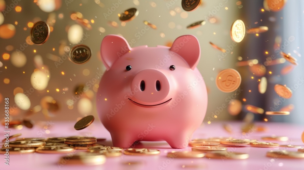 Piggy Bank Celebration with Falling Coins. A pink piggy bank with falling coins, symbolizing savings growth or financial success in a vibrant, celebratory setting. Piggy Bank Celebration with Falling Coins. A pink piggy bank with falling coins, symbolizing savings growth or financial success in a vibrant, celebratory setting.