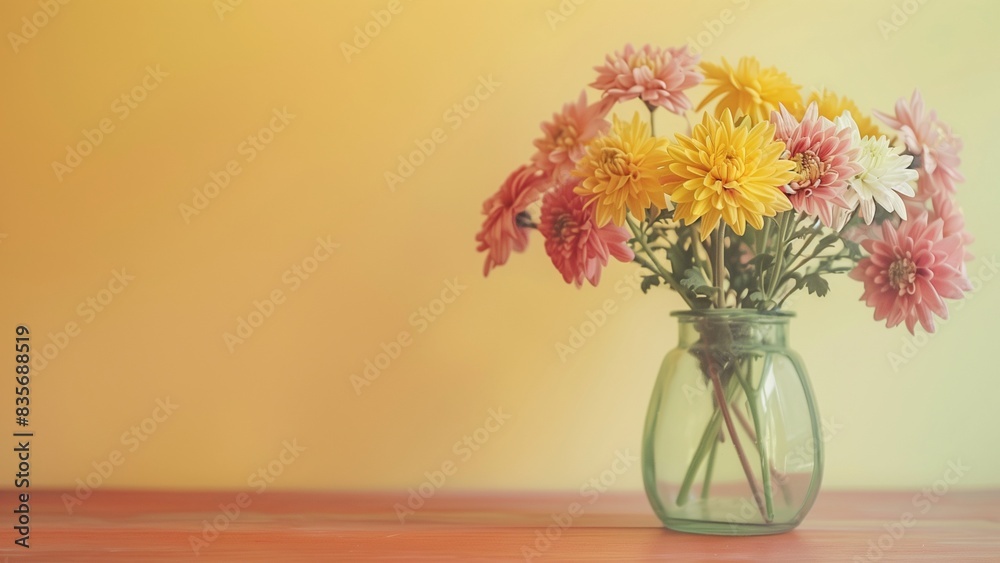 Fototapeta premium photo of chrysanthemum flowers in a in a glass vase in the corner isolated background