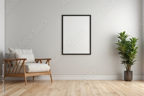 Interior home of living room with blank poster frame mock up on wooden armchair on white wall  hardwood floor