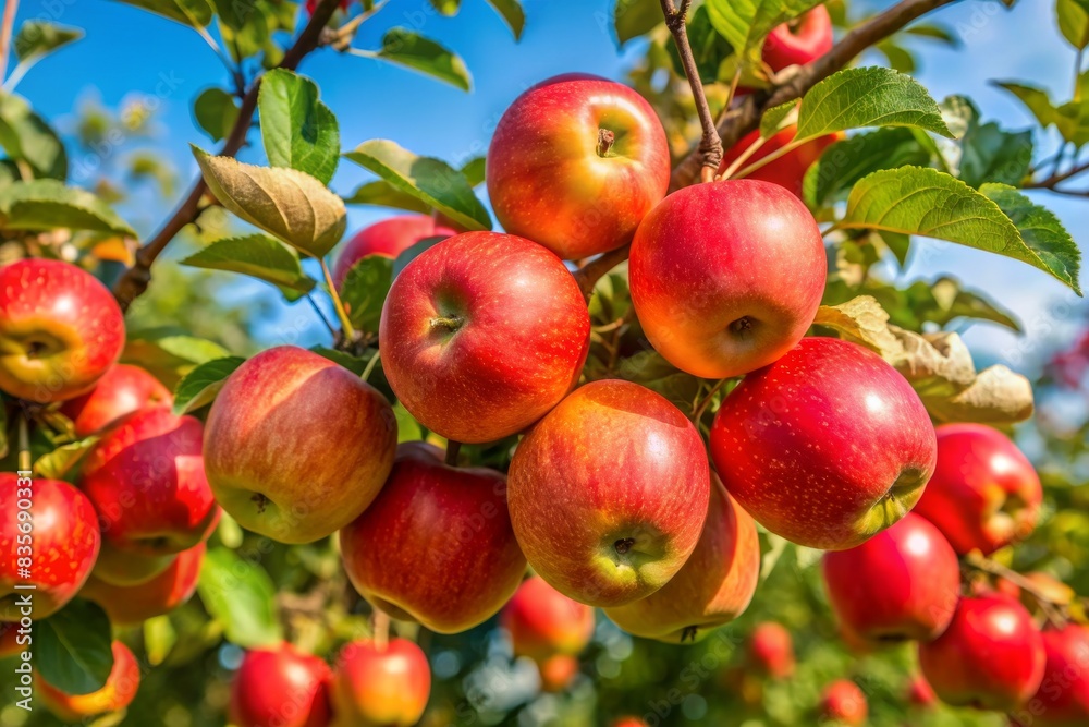 A bunch of apples hanging from a tree A bunch of apples hanging from a tree