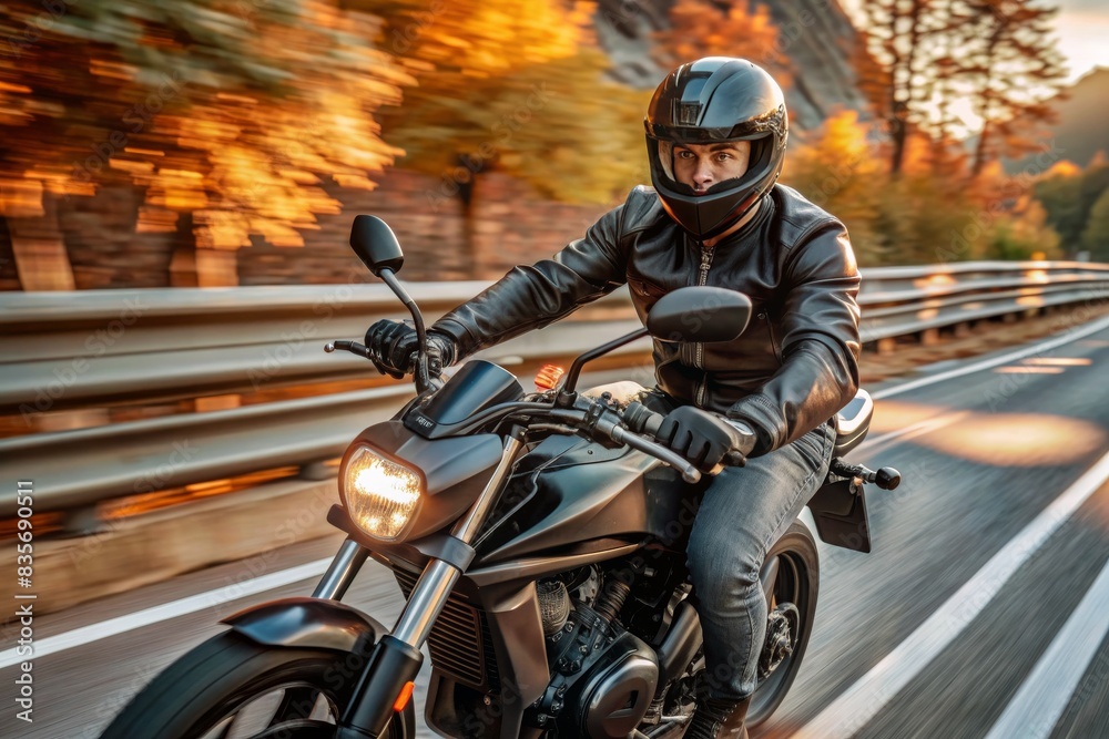 A man is riding a motorcycle on a road with autumn leaves A man is riding a motorcycle on a road with autumn leaves