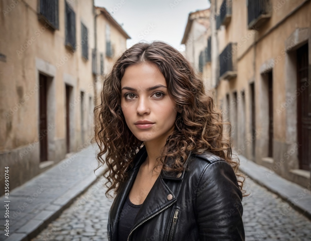A woman with curly hair is wearing a black leather jacket A woman with curly hair is wearing a black leather jacket
