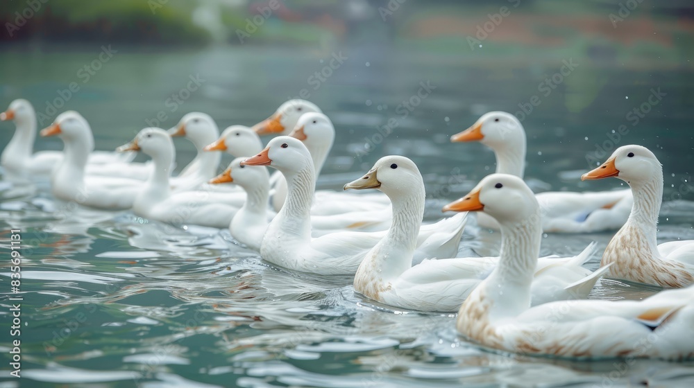 Flock of white domisticated duck swimming in the lake AI generate