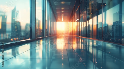 Corporate Dawn: Sunrise in a Modern Office Hallway. The sun casting a warm glow through a modern office corridor, reflecting themes of new beginnings and the dynamic nature of corporate environments.