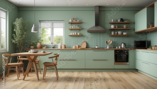 Interior home of kitchen on pastel green wall copy space  hardwood floor