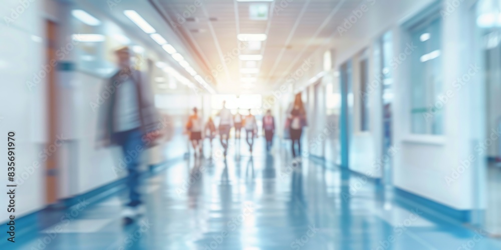A blurry image of a hallway with people walking down it A blurry image of a hallway with people walking down it