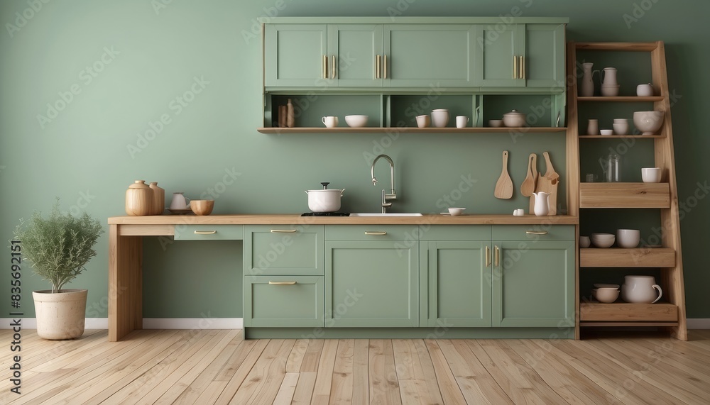 Interior home of kitchen with countertop on green wall copy space Interior home of kitchen with countertop on green wall copy space
