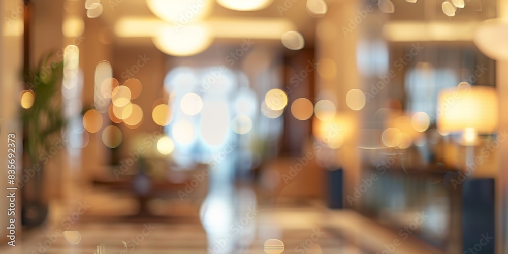 A blurry image of a hotel lobby with a few people and a potted plant