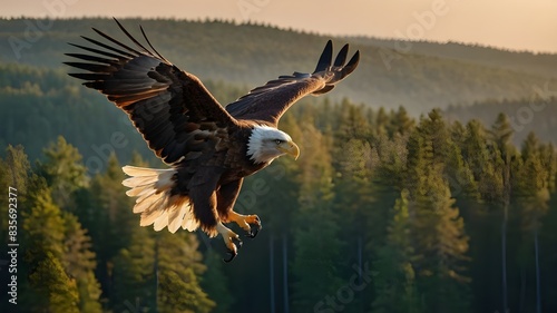 Majestic Eagle Soaring Over Dense Forest, High-Flying Majesty: Eagle Above Lush Forest, Eagle's View: Majesty Over Dense Woods, Graceful Soar: Eagle Above Verdant Forest. photo