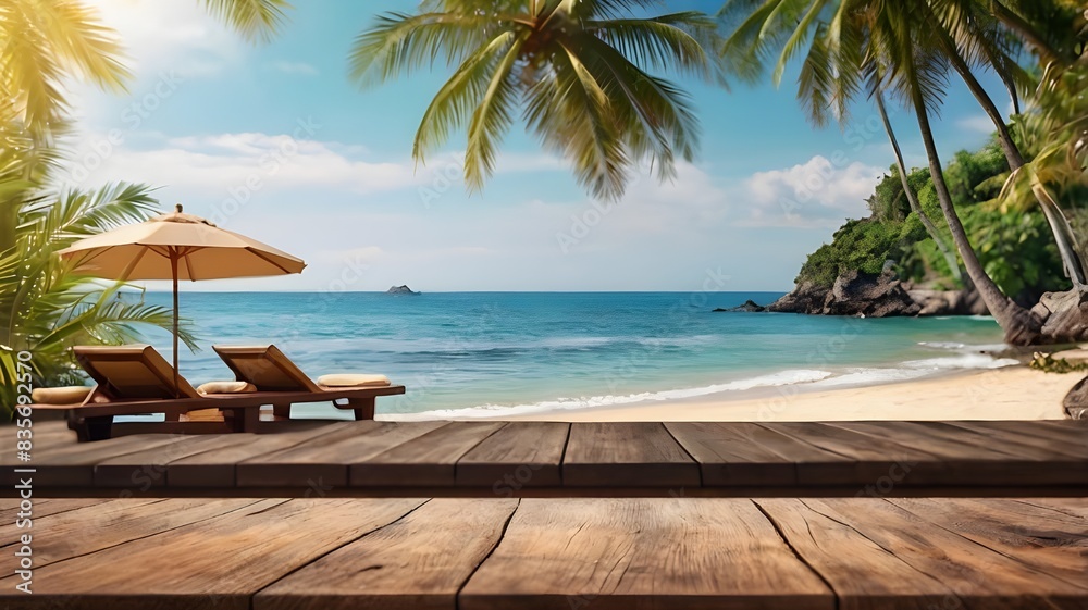 Obraz premium Empty wide Table top wooden bar with blurred beautiful beach scene background coconut leaf on frame for product display mockup outside summer day time. Resort clean wood desk board on nature view.