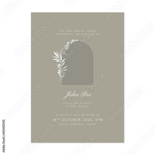 Floral funeral invitation template, minimalist olive leaves on green background