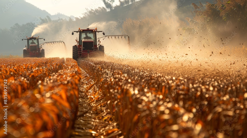 Dawn of Modern Agriculture: Machinery in the Golden Field. A tractors spraying water over golden fields during sunset, this image highlights the technological advancement in agriculture. Dawn of Modern Agriculture: Machinery in the Golden Field. A tractors spraying water over golden fields during sunset, this image highlights the technological advancement in agriculture.