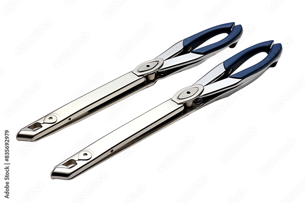 Two long silver scissors with blue handles. Two long silver scissors with blue handles.