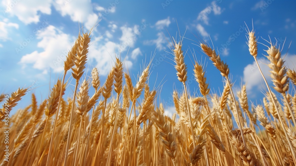Fototapeta premium golden wheat field against blue sky and white cloud