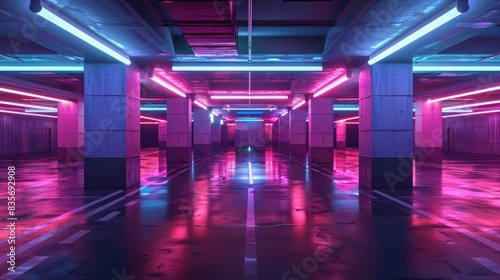 Underground modern parking  neon light. Generation AI