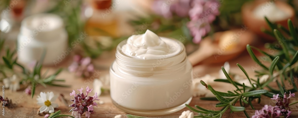 Closeup of a luxury skincare product with botanical ingredients in the background Closeup of a luxury skincare product with botanical ingredients in the background