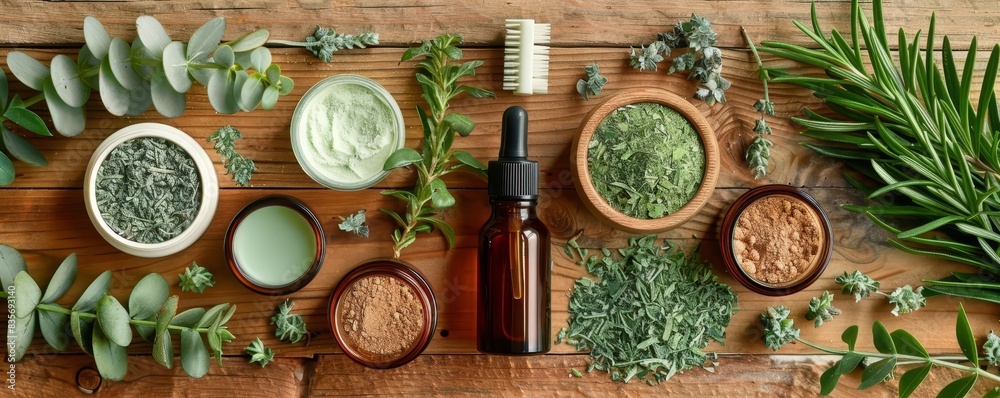 Flat lay of ecofriendly beauty products on a wooden surface with plants Flat lay of ecofriendly beauty products on a wooden surface with plants