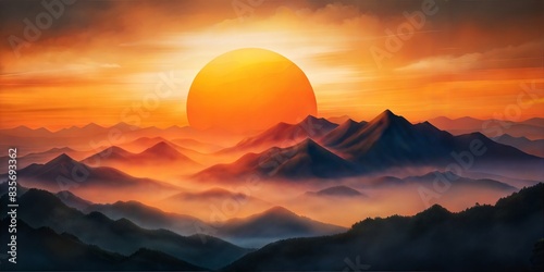 A striking and vividly colored digital painting of a sunset scene, where the sun is larger than life, casting its warm orange hues over a dark mountain range. The background is stark white,  photo