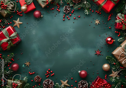 Christmas frame border on a green background with space in the center for text or image,decorations including stars, balls, fir branches, snowflakes, gifts and pine cones. photo