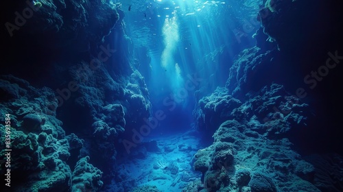 Underwater world at the depth of the ocean. Underwater gorges and tunnel. Lots of underwater organisms and fish. Underwater deep world, sea darkness, algae glow, blue neon, corals photo