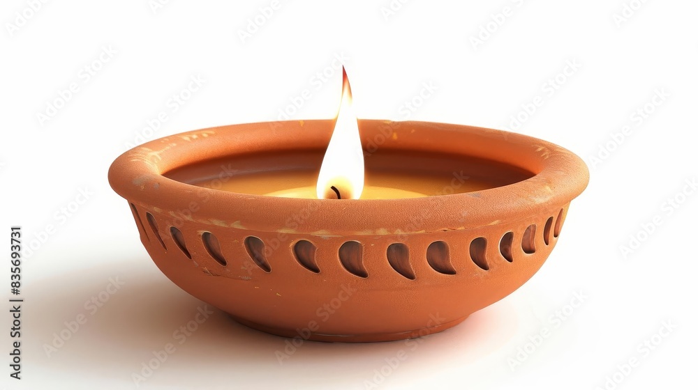 Wide-angle view of a traditional clay Diya lamp, photorealistic style, gently glowing with a warm yellow flame, isolated on a pristine white background, soft shadows for depth Wide-angle view of a traditional clay Diya lamp, photorealistic style, gently glowing with a warm yellow flame, isolated on a pristine white background, soft shadows for depth