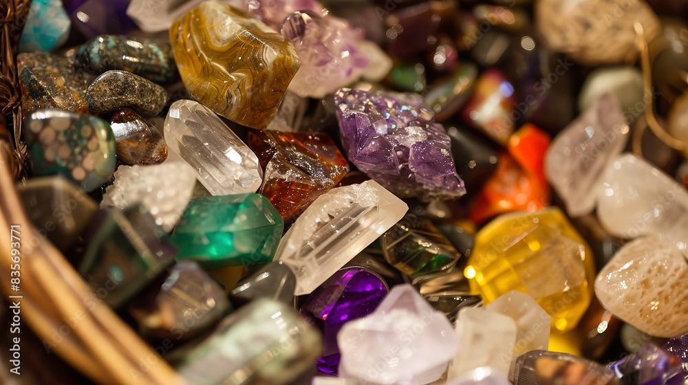 A detailed shot of a basket filled with freshly mined gemstones, showcasing various colors and cuts. A detailed shot of a basket filled with freshly mined gemstones, showcasing various colors and cuts.